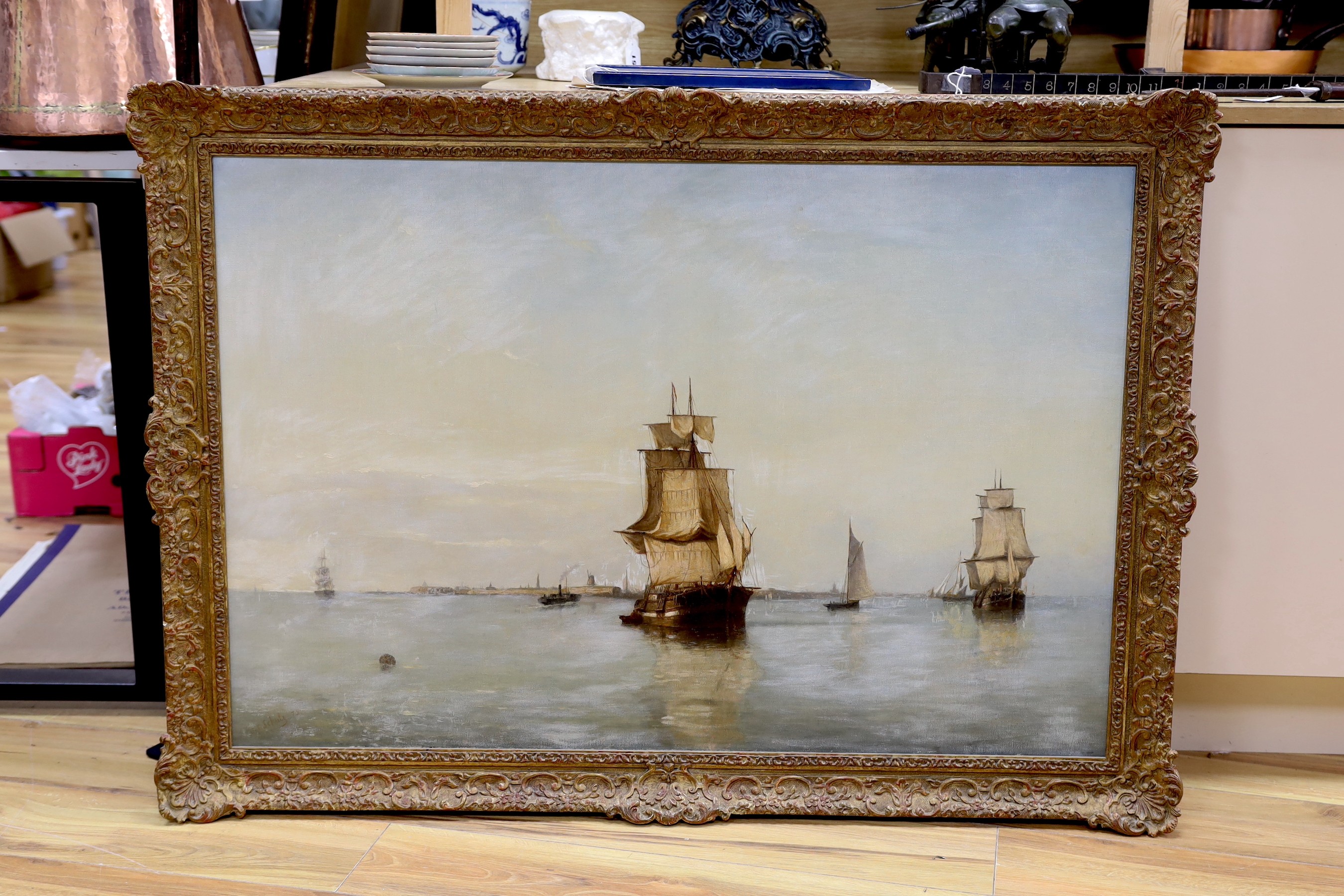 Jan Frederik Schutz (Dutch 1817-1888), oil on canvas, Shipping off the Dutch coast, signed and dated '75, 69 x 103cm